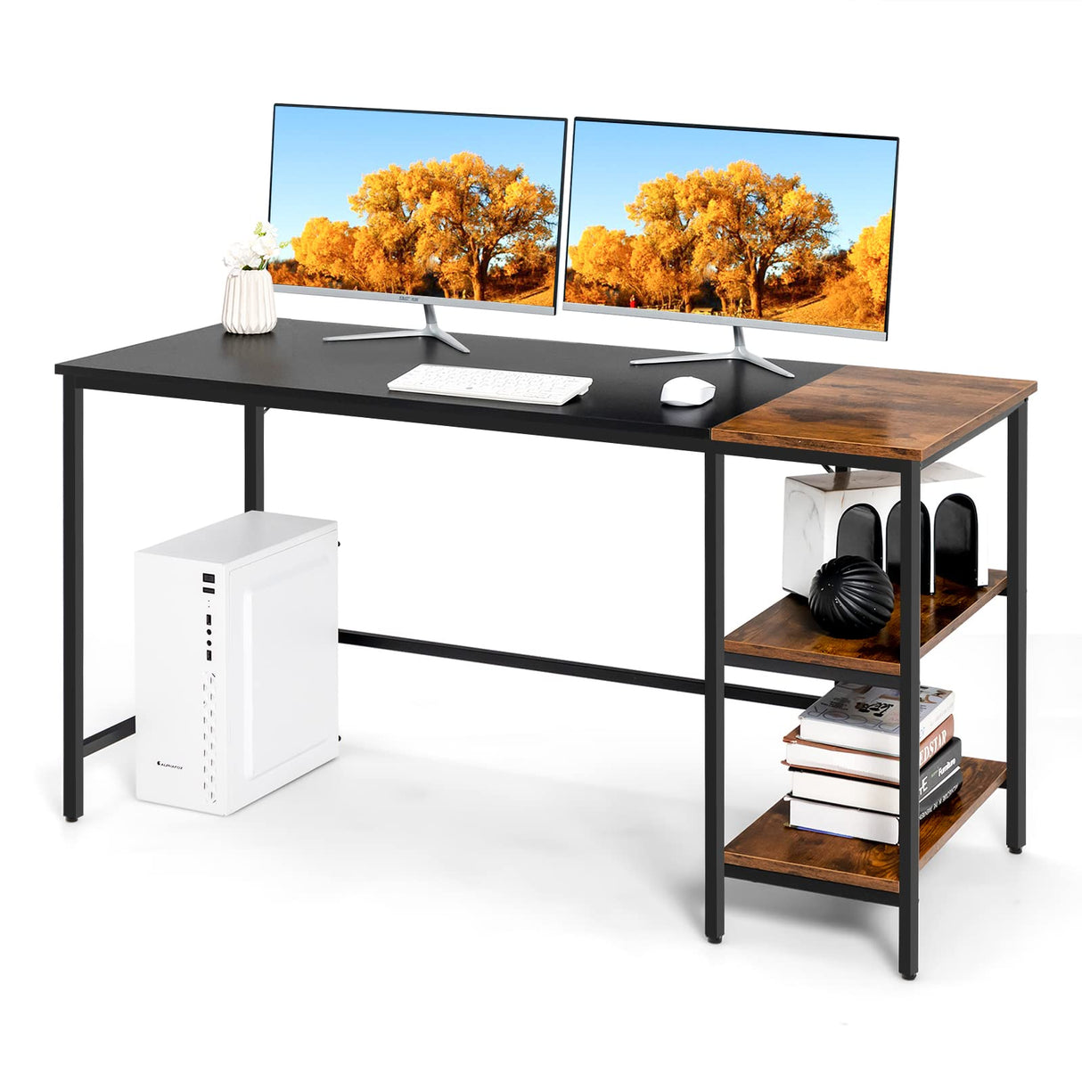 140 CM Computer Desk, Large Home Office Desk with 2-Tier Storage Shelves, Modern Laptop PC Desk with Heavy-Duty Steel Frame, Multipurpose Writing Desk Study Desk (Black)