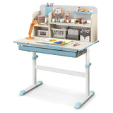 Kids Study Desk, Height Adjustable Children Writing Table w/Tilt Desktop, Home School Student Learning Desk w/Hutch, Storage Drawer, Tray, Pen Holder & Scale Ruler for 3-12 Years, Blue