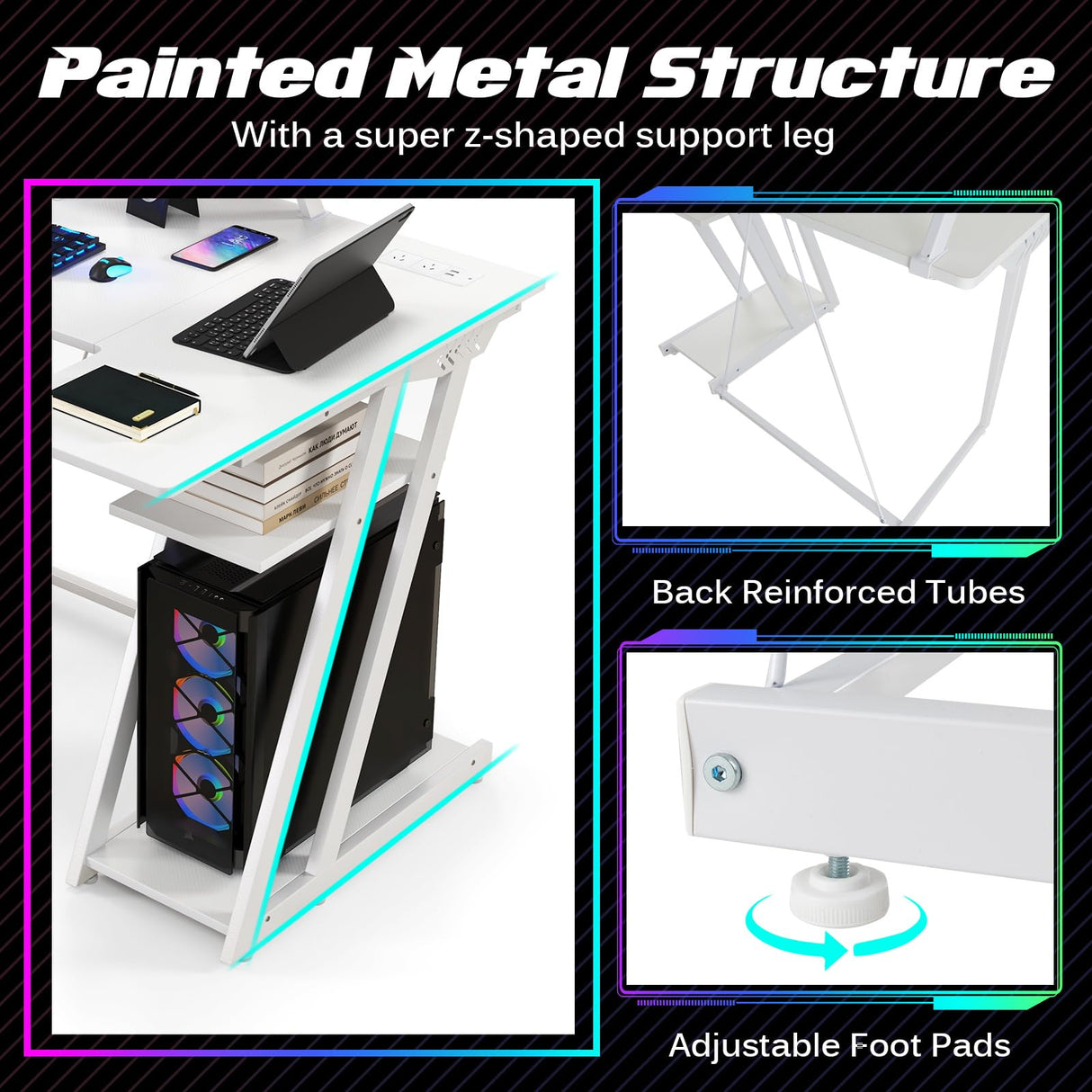 L-Shaped Gaming Desk with Outlets & USB Ports, Small Computer Desk with Monitor Shelf, Headphone Hook, Storage Shelf & Host Stand, Corner Gamer Desk with Carbon Fiber Texture