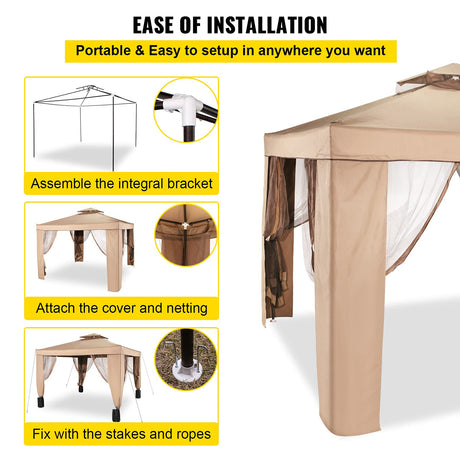 Outdoor Canopy Gazebo Tent, Portable Canopy Shelter with 10'x10' Large Shade Space for Party, Backyard, Patio Lawn and Garden, 4 Sandbags, and Netting Included, Brown