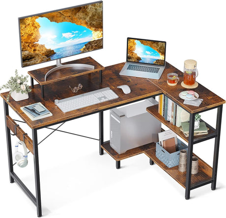 L Shaped Computer Desk with Reversible Storage Shelves, L-Shaped Corner Desk with Monitor Stand for Small Space, Modern Simple Writing Table for Home Office Desk