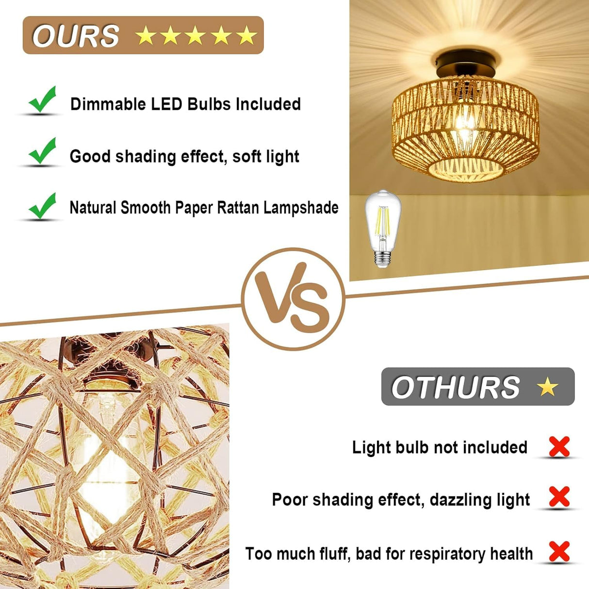 Light Fixtures Ceiling Mount,Mini Rattan Chandelier Light Fixture with Dimmable LED Bulb,Hand Woven Ceiling Light Fixtures Flush Mount for Hallway Bedroom Kitchen Entryway Living Room