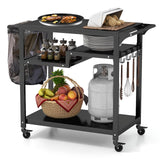 Outdoor Dining Cart Table, Pizza Oven Table, 3-Shelf Movable BBQ Cart with 4 Lockable Wheels, Hooks, Side Handle, Multifunctional Kitchen Food Prep Worktable, Portable Dining Cart BBQ Trolley