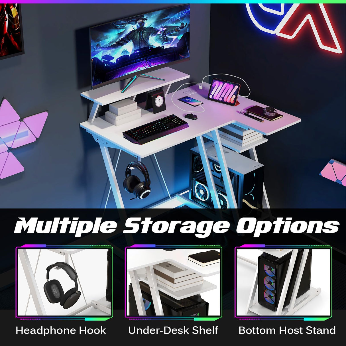 L-Shaped Gaming Desk with Outlets & USB Ports, Small Computer Desk with Monitor Shelf, Headphone Hook, Storage Shelf & Host Stand, Corner Gamer Desk with Carbon Fiber Texture