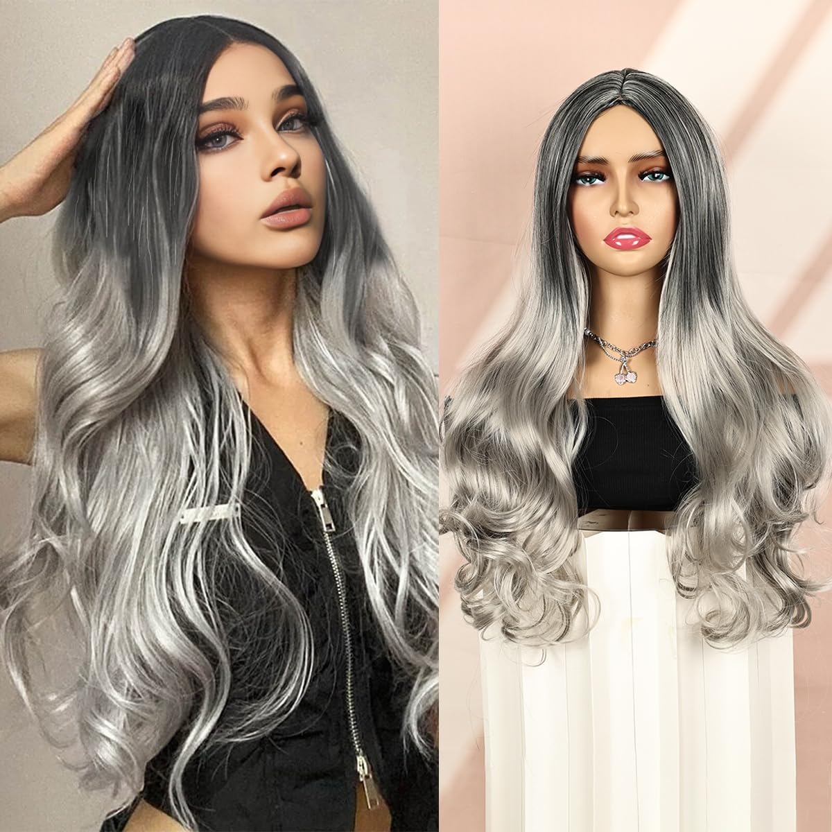 24 Inch Long Grey Wigs for Women Glueless Wavy Curly Wig Synthetic Hair Wig