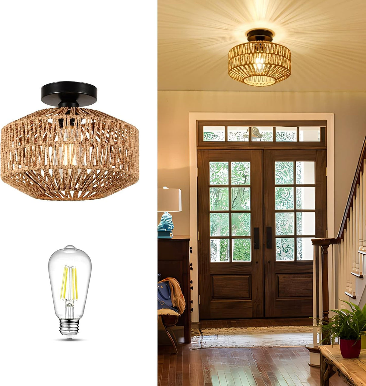 Light Fixtures Ceiling Mount,Mini Rattan Chandelier Light Fixture with Dimmable LED Bulb,Hand Woven Ceiling Light Fixtures Flush Mount for Hallway Bedroom Kitchen Entryway Living Room