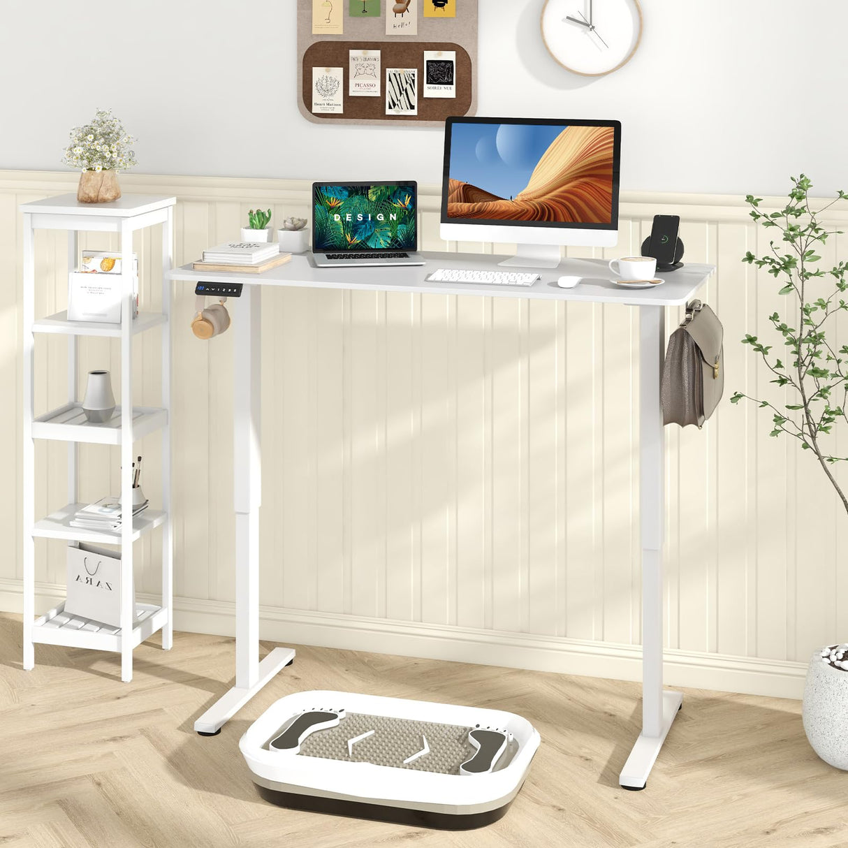 Electric Standing Desk, 140 x 60 cm Sit Stand Home Office Desk with 3 Memory Height Settings, Height Adjustable Computer Desk with 2 Hanging Hooks & Cable Management