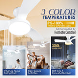 Ceiling Fans with Lights Remote, 32 Inch Low Profile Ceiling Fan with 3 Colors and 6 Speeds Options, 3 Blades Fans Lamp for Ktichen Bedroom Dinning Room Patio(White)