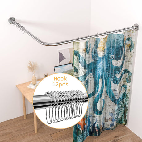 Stretchable 304 Stainless L Shaped Bathroom Bathtub Corner Shower Curtain Rod Rack (70-100cm X 70-100cm), Drill Free Install, for Bathroom, Clothing Store, Private space