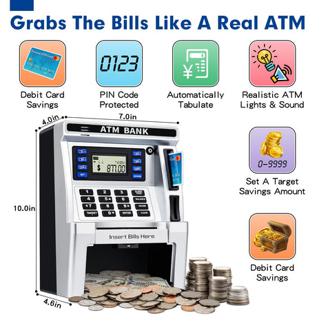 ATM Piggy Bank for Kids, ATM Machine for Real Money with Debit Card, Bill Feeder, Coin Recognition, Balance Calculator, Electronic Savings Safe Box, Gifts for Teen Boys Girls