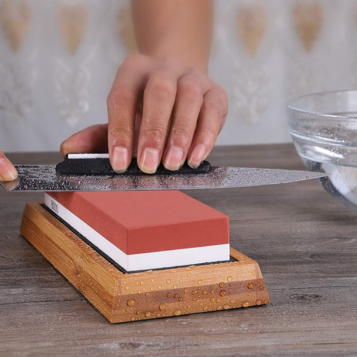 Knife Sharpening Stone,Whetstone Sharpener Includes 4 Side Grit 400/1000 3000/8000 Whetstones, Non-Slip Bamboo Base, Angle Guide，Polishing Compound，Leather Strop, Flattening Stone