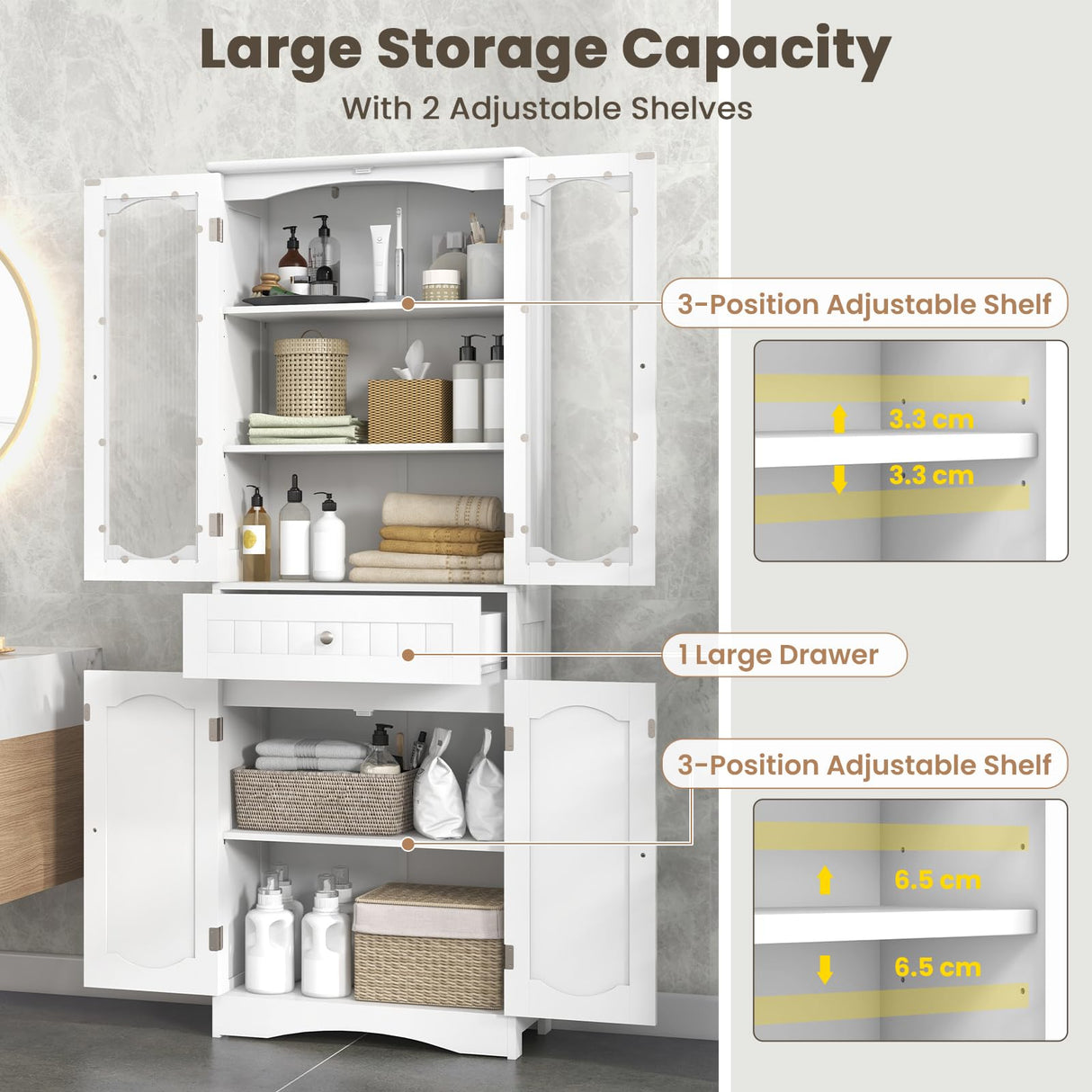 160 cm Tall Bathroom Storage Cabinet, Freestanding Linen Cabinet with 2 Glass Doors, 2 Adjustable Shelves and 1 Drawer, Kitchen Pantry Cabinet or Living Room, Dining Room, Office, White