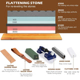 Knife Sharpening Stone,Whetstone Sharpener Includes 4 Side Grit 400/1000 3000/8000 Whetstones, Non-Slip Bamboo Base, Angle Guide，Polishing Compound，Leather Strop, Flattening Stone