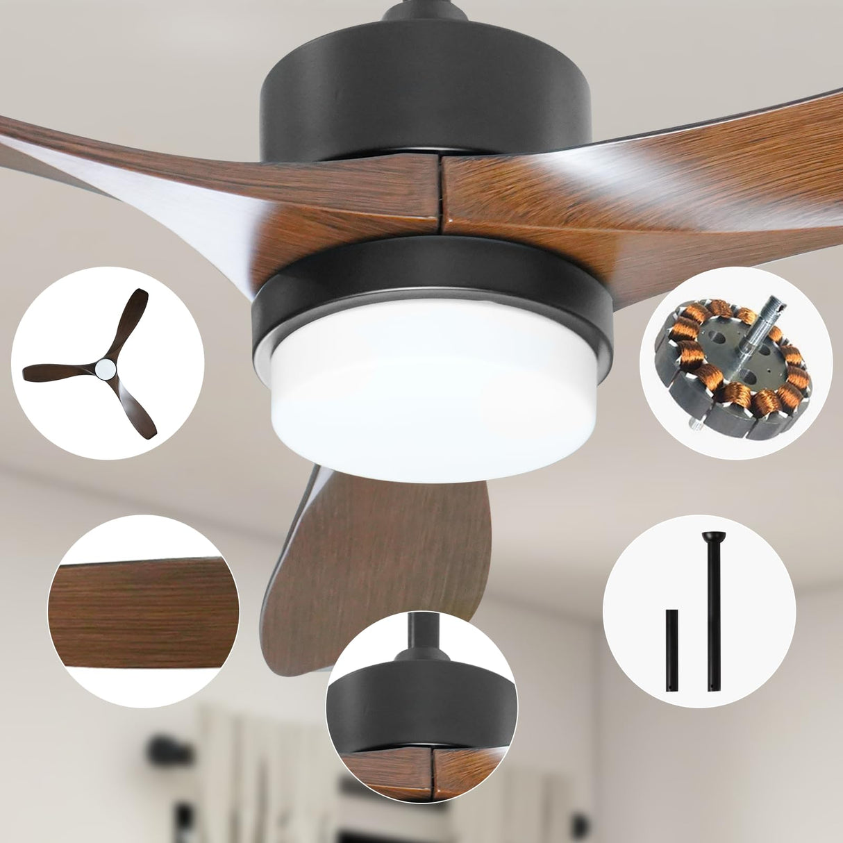 56" Modern Ceiling Fan with Lights and Remote, Black Walnut Ceiling Fan, 3 Curved Blades, Noiseless Reversible Motor, Indoor LED Ceiling Fan for Kitchen Bedroom Living Room