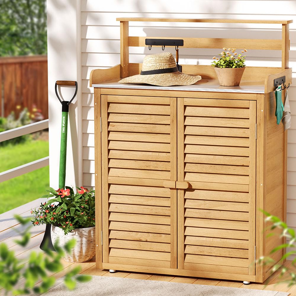 Gardeon 3-Tier Outdoor Storage Cabinet, 120cm Tall Wooden Cupboard Tool Box Garden Shed Shelving Storages Bench Tools Chest Organiser Home Furniture Garage Setting, Lockable Shelves Natural