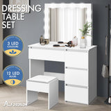 Dressing Table Stool Set Makeup Vanity Desk with Mirror 12 LED Bulbs in Adjustable 3-Colour Light, Jewellery Vanity Table Organiser with Large Storage Drawer for Bedroom Dressing Room, White