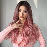 24 Inch Long Pink Wigs for Women Wavy Curly Wig Center Parted No Bangs Synthetic Hair Wig