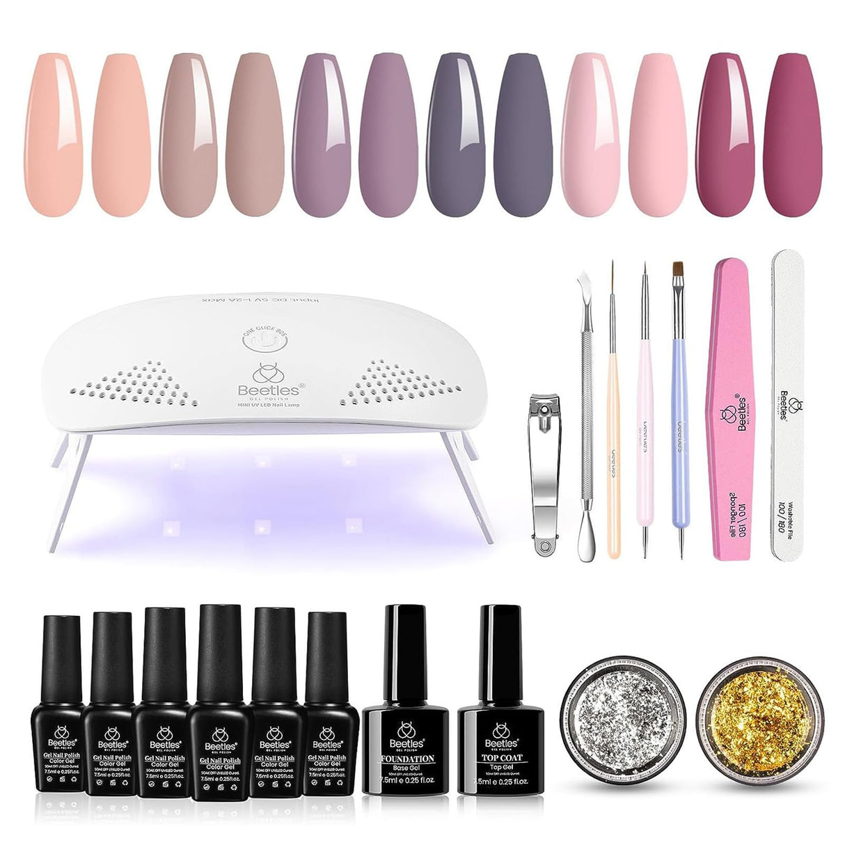 Beetles Gel Nail Polish Kit with U V Light Starter Kit, Gel Polish Soak Off Nude Gray Purple Mauve Gel Polish Kit with U V LED Nail Lamp Base Gel Top Coat DIY Home Manicure