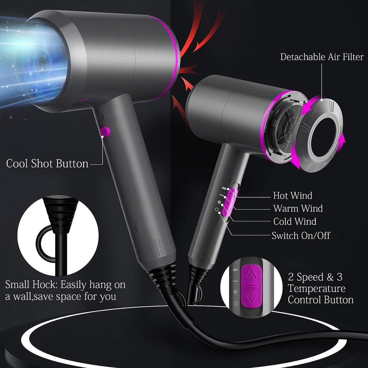 2200W Professional Hair Dryer Powerful AC Motor Quick Drying ionic dryer with 2 Speed 3 Heat Setting, Cool Shot Button with 1 Diffuser & 2 Concentrator for Multi Women Man Hairstyles (AU Plug)