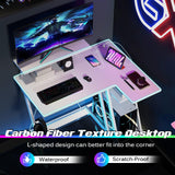 L-Shaped Gaming Desk with Outlets & USB Ports, Small Computer Desk with Monitor Shelf, Headphone Hook, Storage Shelf & Host Stand, Corner Gamer Desk with Carbon Fiber Texture