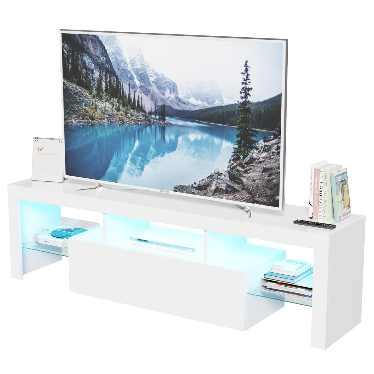 TV Cabinet with LED Lights, 160cm Modern Entertainment Center TV Unit Stand with Storage Cabinet and Glass Shelf, Media Console Table for Living Room, Bedroom,