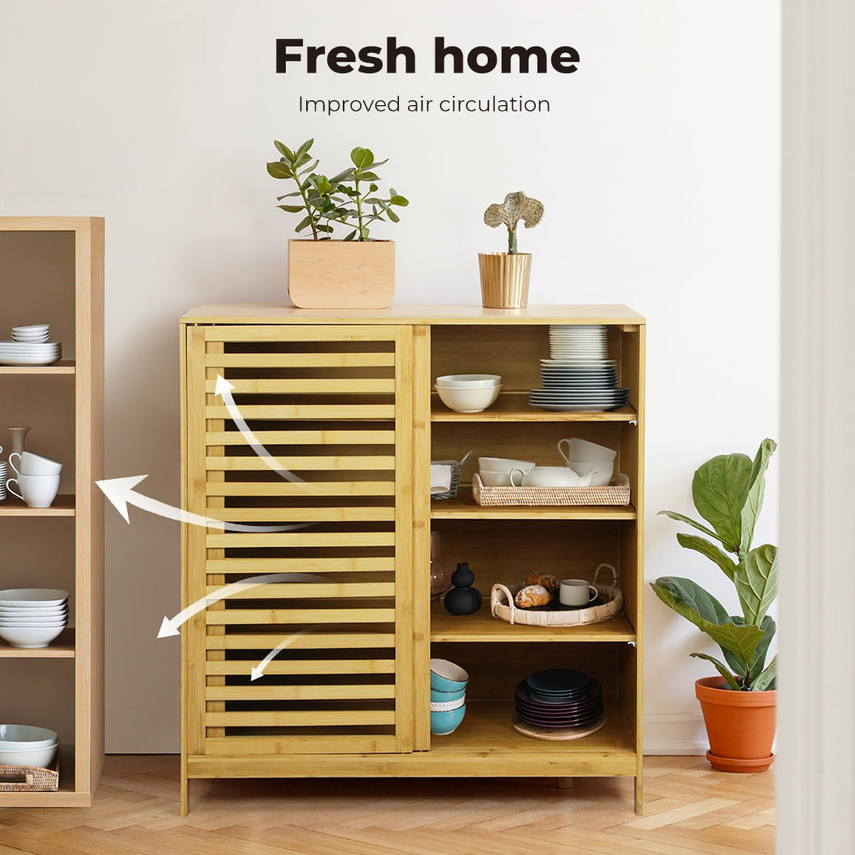 Bamboo Storage Cabinet, Freestanding Organizer, Cabinets Cupboard with Louvered Door and Open Shelf, for Bathroom Laundry Room, Entryway, Kitchen, Natural,80cm x 40cm x 88cm