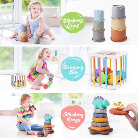 5 in 1 Baby Montessori Toys Set Include Shape Sorter Bin with Sound, Baby Tissue Box, Stacking Cups, Pull String Toy, Soft Stacking Rings, Sensory Toys for Infants Toddlers