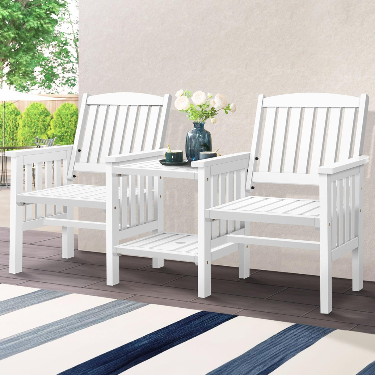 Outdoor Loveseat & Table Set Durable Fir Wood Twin Integrated Armchairs,Wooden Garden Bench Furniture Set with Solid Construction Double-Deck Coffee Table White Colour