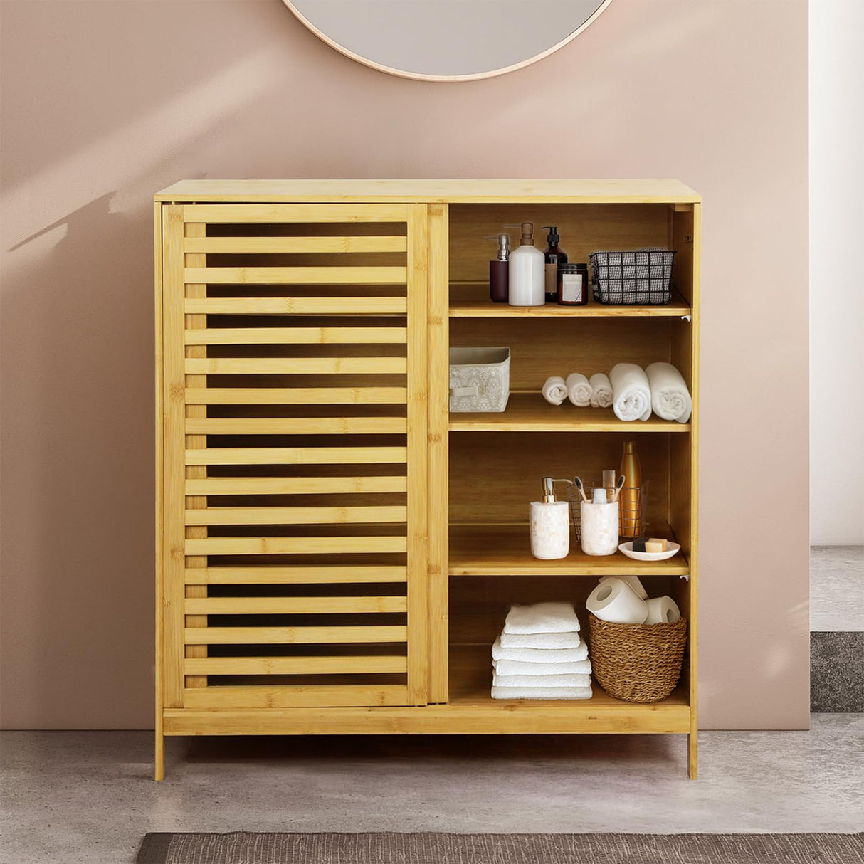 Bamboo Storage Cabinet, Freestanding Organizer, Cabinets Cupboard with Louvered Door and Open Shelf, for Bathroom Laundry Room, Entryway, Kitchen, Natural,80cm x 40cm x 88cm