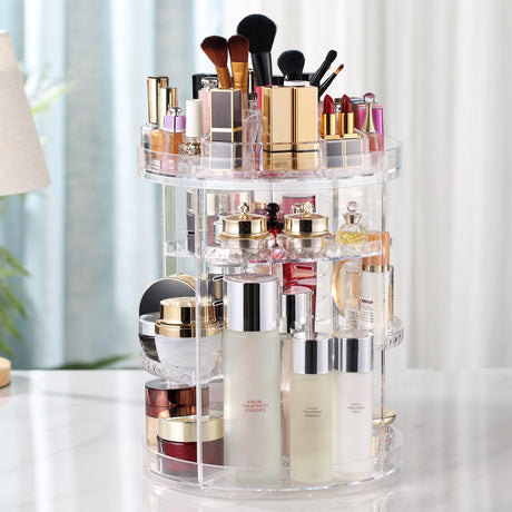 Makeup Organizer, 360 Degree Rotating Adjustable Cosmetic Storage Display Case with 8 Layers Large Capacity, Fits cosmetics, Makeup Brushes, Lipsticks and More, Clear