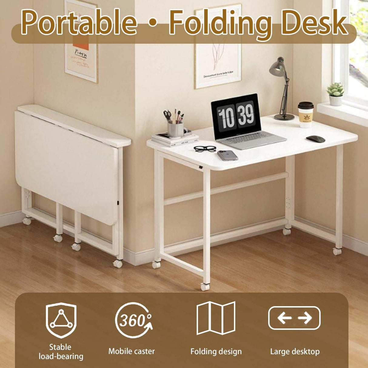 Folding Desk Small Rolling Desk Foldable Computer Desk for Small Spaces, Easy Assemble