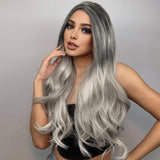 24 Inch Long Grey Wigs for Women Glueless Wavy Curly Wig Synthetic Hair Wig