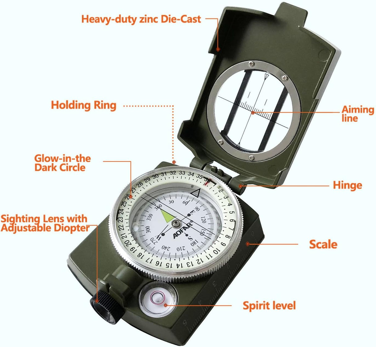 Military Compass,AF-4580 Lensatic Sighting, Waterproof and Shakeproof with Map Measurer Distance Calculator, Pouch for Camping, Hiking