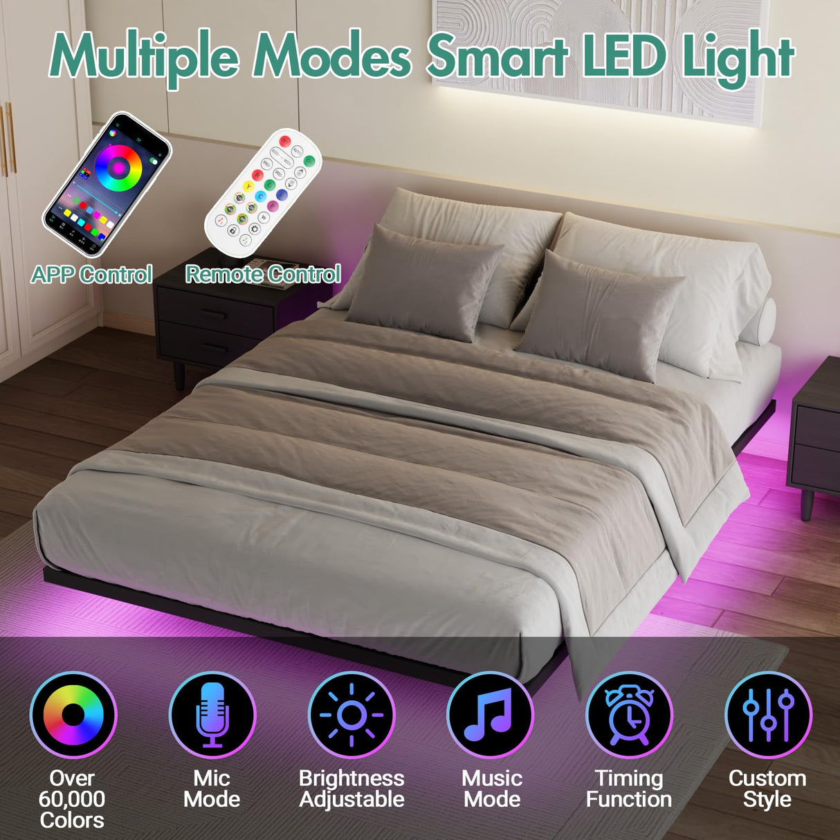 Floating Bed Frame Double Size with LED Light, Metal Platform Double Bed, No Box Spring Needed, Easy to Assemble