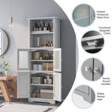 Freestanding Bathroom Storage Cabinet, Kitchen Pantry Cupboard with Glass Doors, Open Storage Shelves & 3-level Adjustable Shelves, Tall Storage Buffet Sideboard for Living Room Kitchen, White