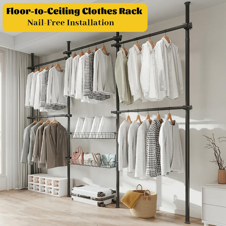 Adjustable Garment Rack Floor-to-Ceiling Clothes Rack - Thick Steel, Nail-Free Installation, with 4 Pillars, 5 Bars, and 2 Mesh Shelves