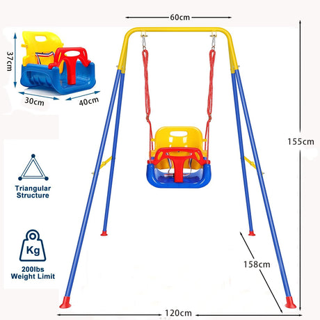 Kids Swing Set, 3-in-1 Swings with Foldable Heavy-Duty Metal Frame Stand, Non-Slip Swing Seat for Toddler & Baby Jumper Indoor Outdoor Garden Playground, Easy to Assemble & Store