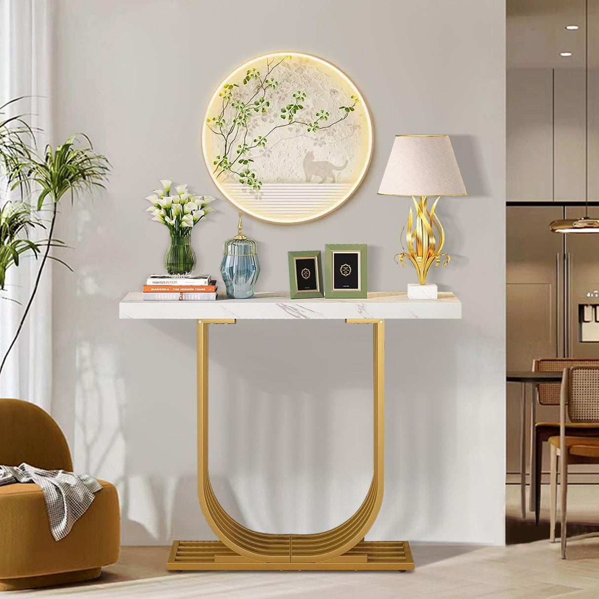 Console Table Narrow Table Coffee Side Desk U Shaped Metal Frame Marble White Living Room Office Entry Office