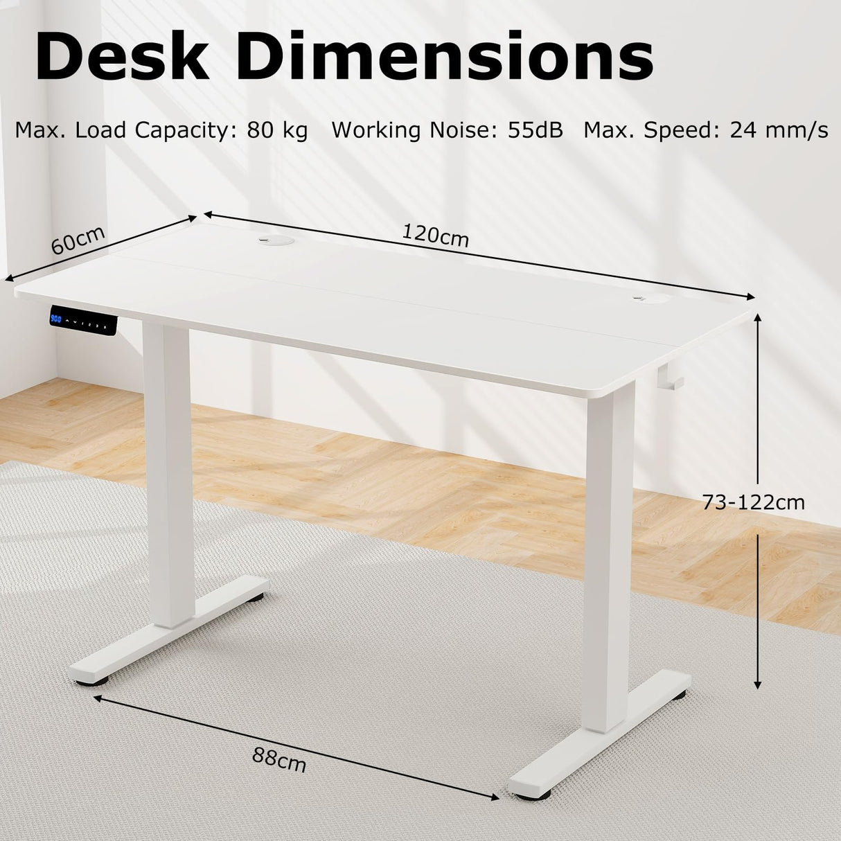 Electric Standing Desk, 120 x 60 cm Sit Stand Home Office Desk with 3 Memory Height Settings, Height Adjustable Computer Desk with 2 Hanging Hooks & Cable Management