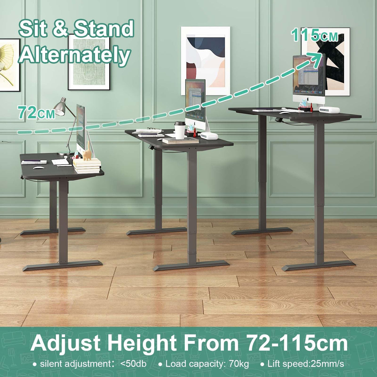 Standing Desk Electric Height Adjustable Sit Stand Desk 120 * 60cm Motorised Home Office Computer Workstation Black Desktop and Black Frame