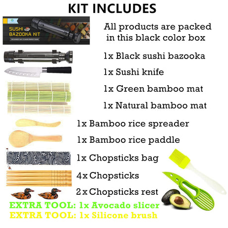 Sushi Making Kit, All in One Sushi Bazooka Maker with Bamboo Mats, Bamboo Chopsticks, Avocado Slicer, Paddle, Spreader, Sushi Knife, Chopsticks Holder, Cotton Bag, DIY Sushi Roller Machine