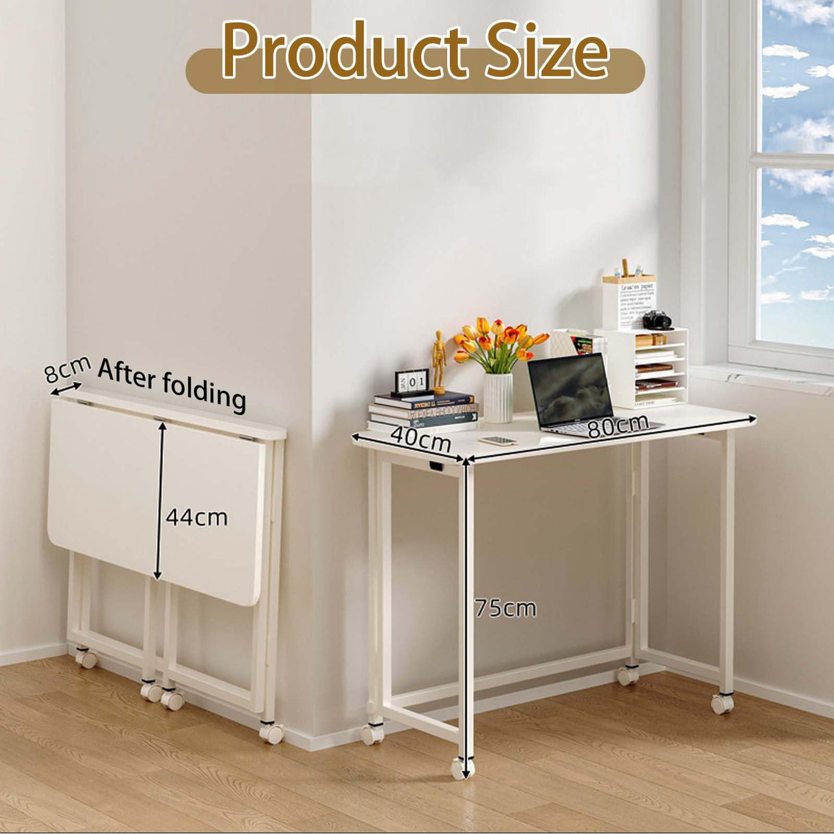 Folding Desk Small Rolling Desk Foldable Computer Desk for Small Spaces, Easy Assemble