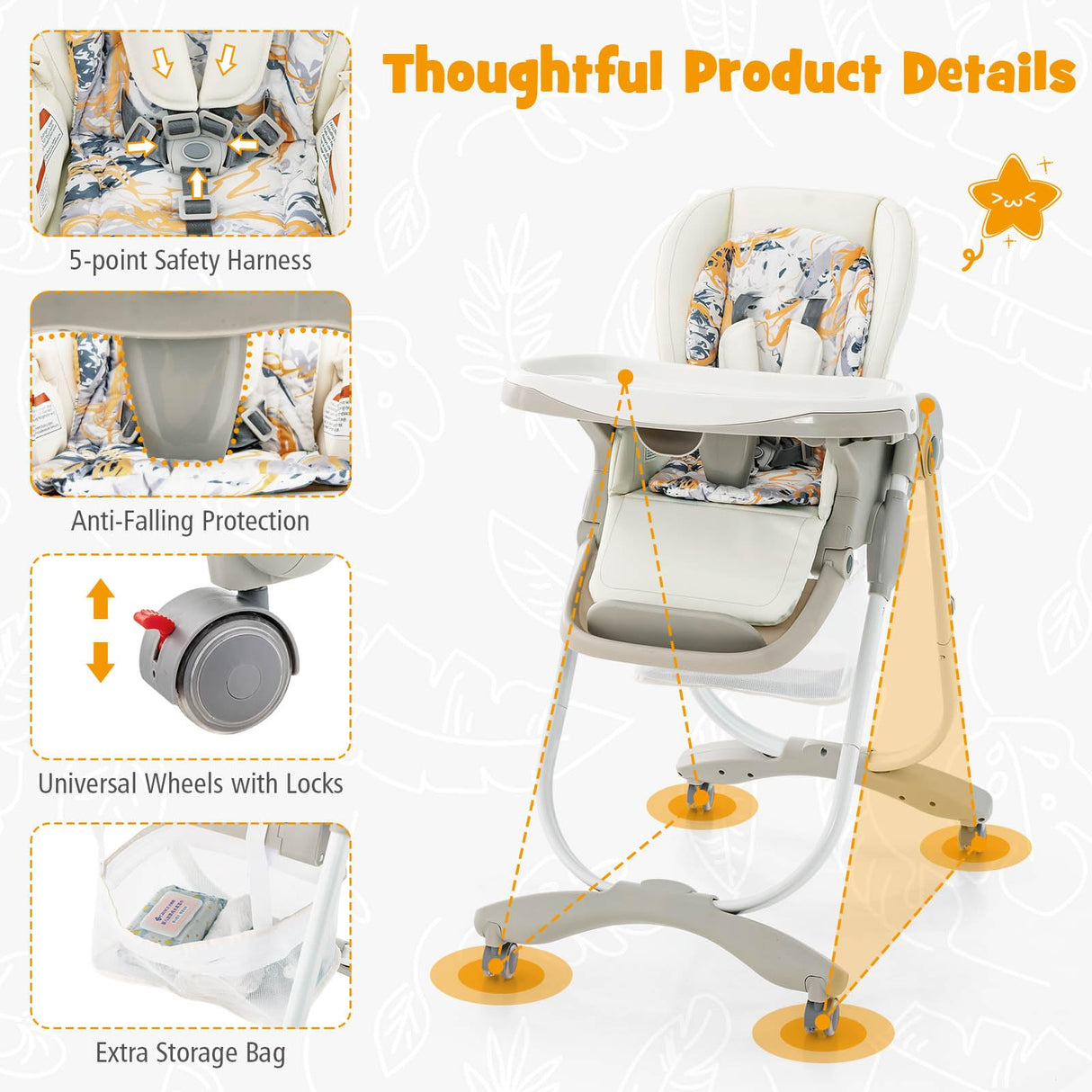 High Chair for Babies & Toddlers, Folding Baby High Chair w/Rolling Wheels, Adjustable Height, Footrest & Backrest, Removable Meal Tray, Space Saver High Chair for 6-36 Months (White)