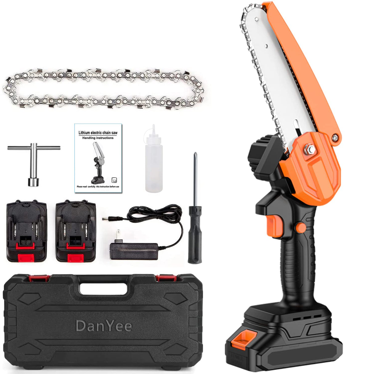 Mini Chainsaw 6 Inch, 1 Year Warranty, Cordless Electric Handheld Chainsaw 21v Portable Battery Powered Chain Saws with Safety Lock, (2 batteries and 2 chains 0.7kg) (6 Inch Mini Chainsaw)