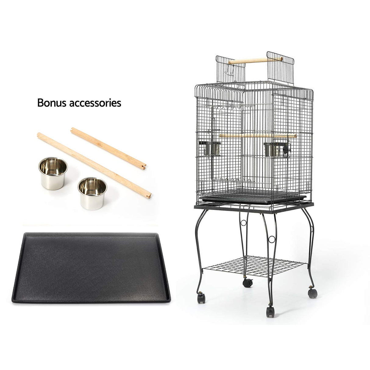 Bird Cage 53 x 53 x 145cm Large Guinea Pig Pet Birds Parrot Ferret Cages Aviary Budgie Finch Canary Stand Toys,Black 2 Perch with Wheel + Slide-Out Removable Tray