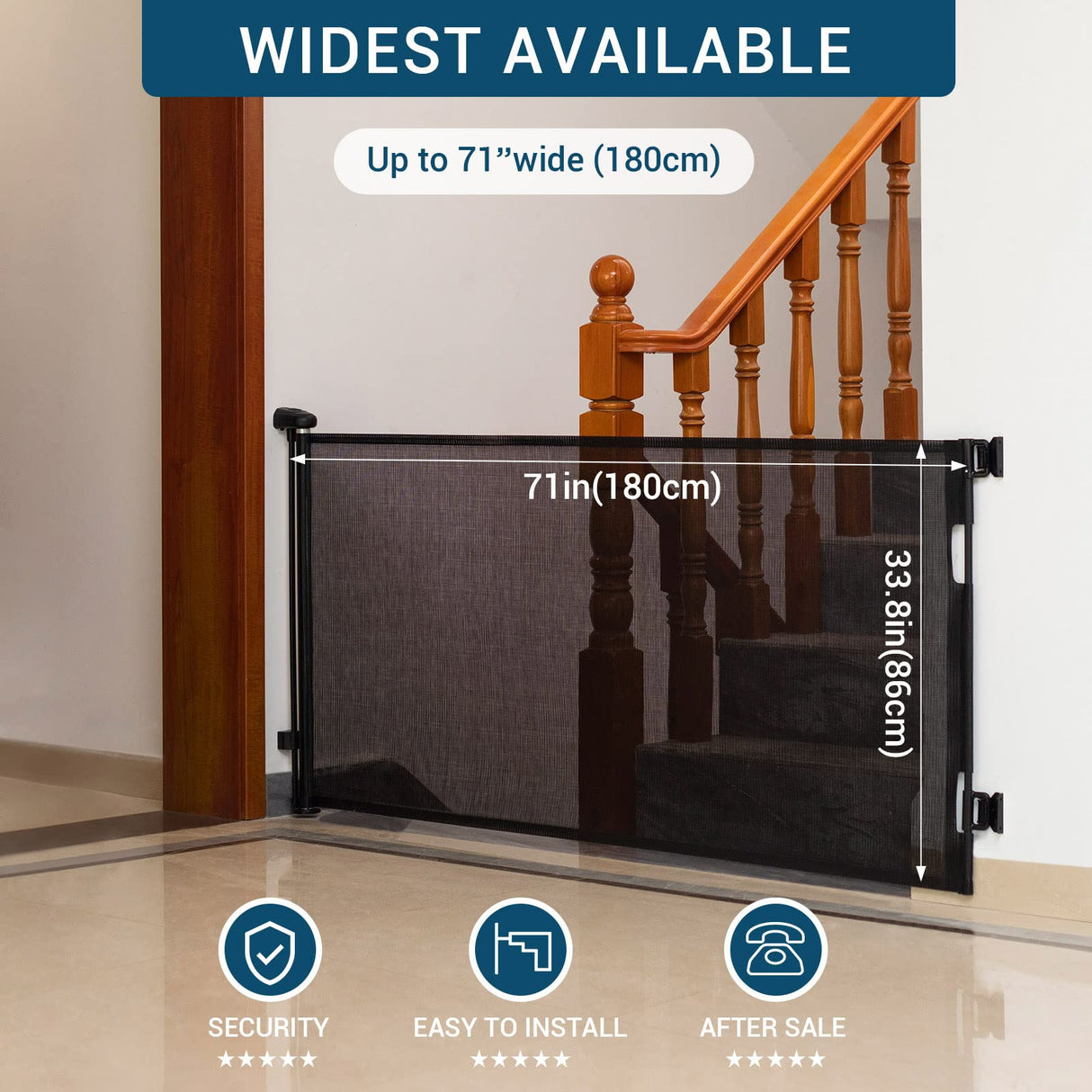 Retractable Baby Gate 33.8"x71" Pet Gate, Dog Gate and Child Safety Gate - Extra Tall & Wide - Indoor Baby Safety Gate and Pet Barrier for Doorways