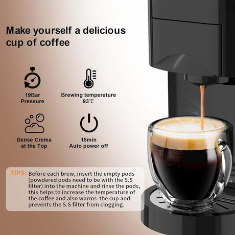 4in1 Espresso Machine,Customize Volume Settings，Automatic Coffee Maker, Single-Serve Capsule Coffee Machine for Nespresso original/L'OR/Ground Coffee,19Bar Espresso Machine,1450W Coffee Machine