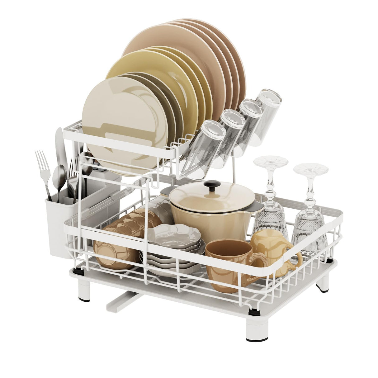 Dish Drying Rack for Kitchen Counter, 2 Tier Large Dish Rack with Drainboard, Multifunctional Anti-Rust Storage Rack, Detachable Metal Dish Drainer Organizer with Utensil Holder, Cups Holder (White)