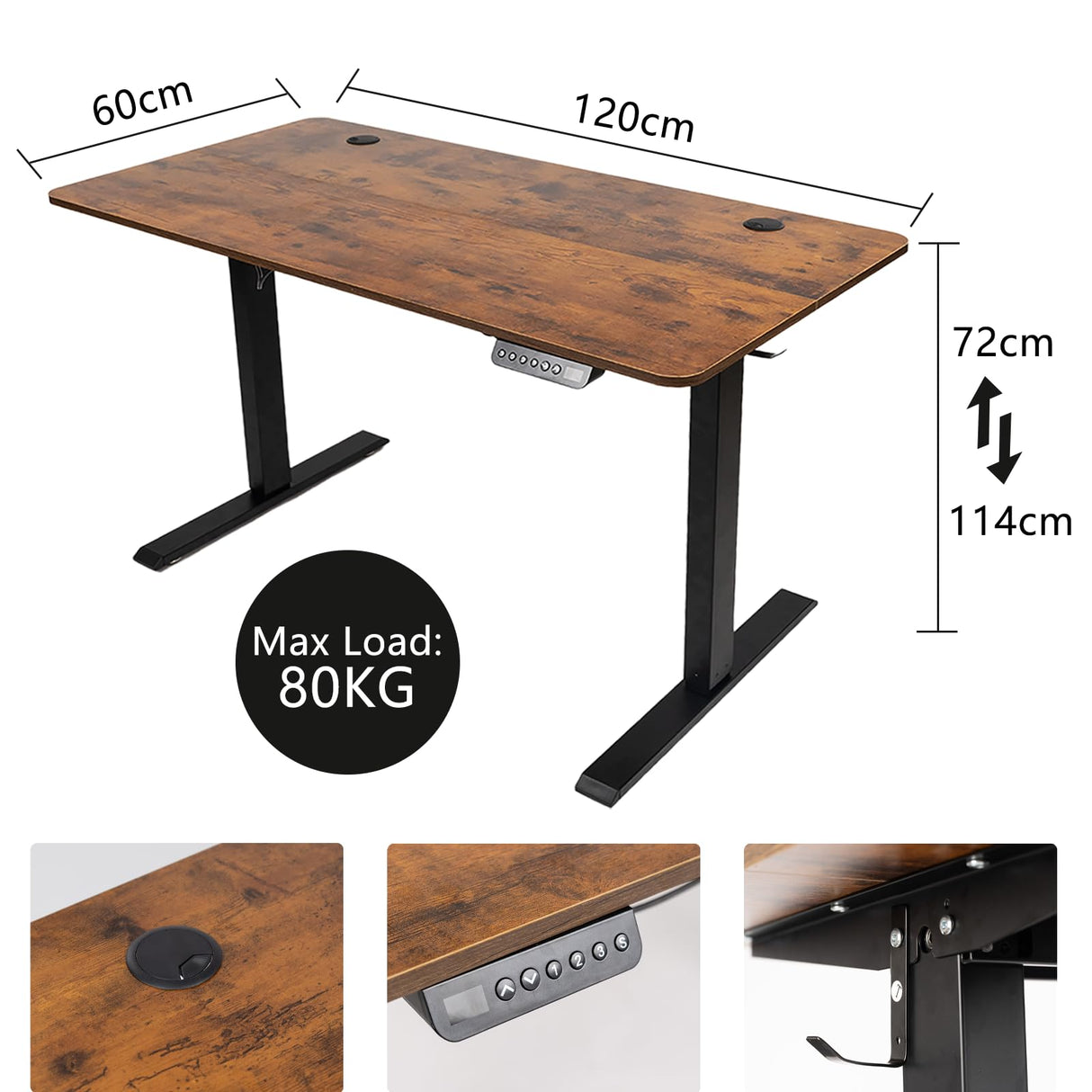 Electric Standing Desk - Motorized Height Adjustable Sit Stand Table with Touch Control Panel and Cable Management - Ideal for Home Office and Workstation Ergonomics(Black Frame+120cm Brown Top)