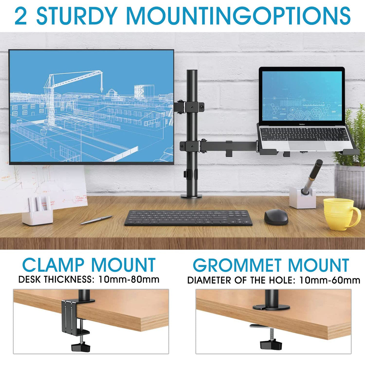 Dual Monitor Stand with Laptop Tray,Dual Monitor Arm Desk Mounts,Desk Monitor Arm Laptop Stand,Monitor Arm with Laptop Stand,Screen Mount with Laptop Arm,Vesa Mount Up to 8Kg Gaming Screens